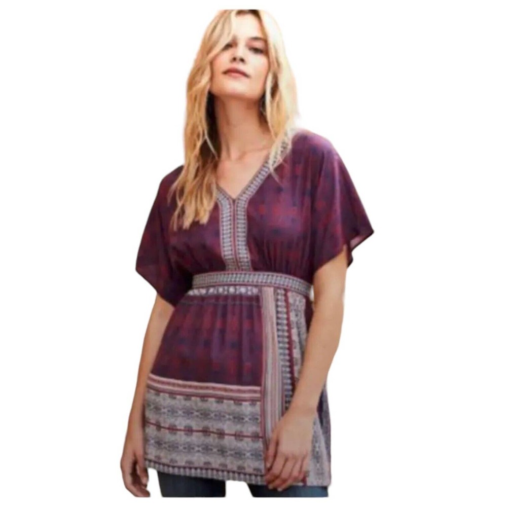 Garnet Hill 100% Slik Boho V Neck Dolman Short Sleeves Tunic Red Blue 8